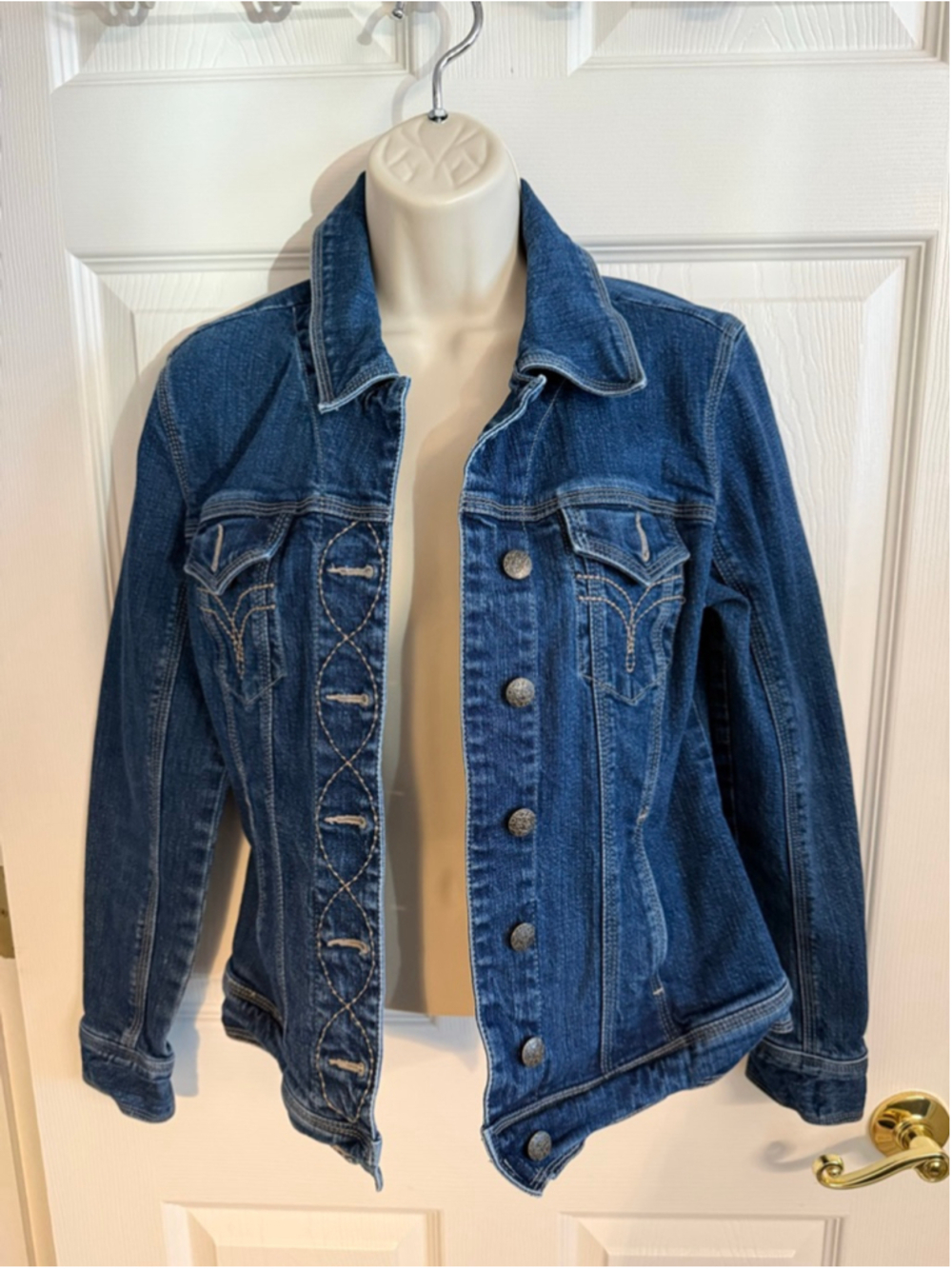 Live a Little blue denim jacket unique lace-up style stitching S Coastal Cowgirl